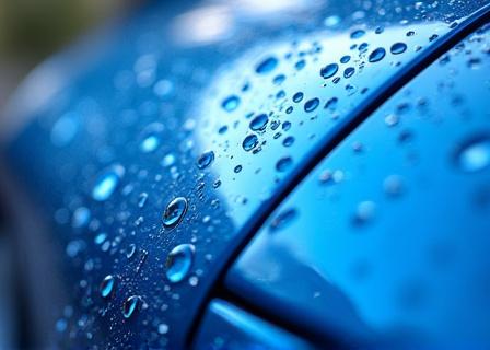 Effetto idrofobico del coating ceramico su una carrozzeria blu metallizzato.